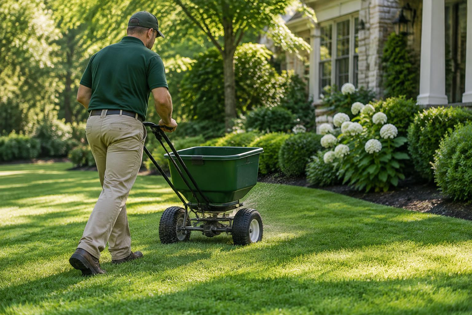 Lawn care professional applying a treatment to healthy grass