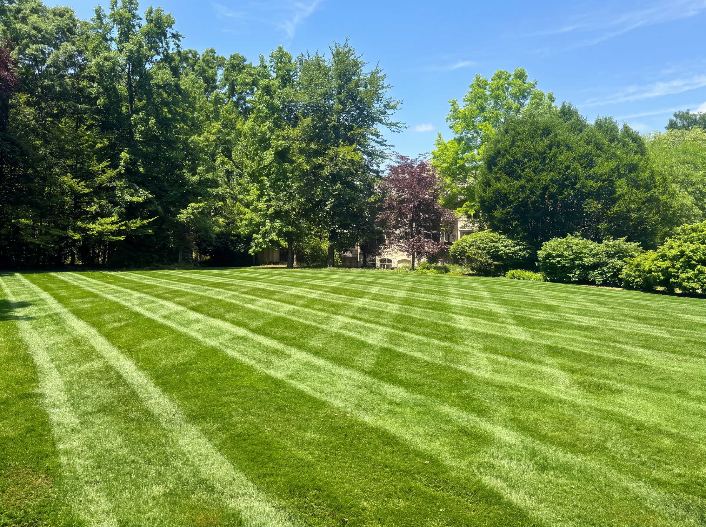 Lush green lawn surrounding a beautifully landscaped home